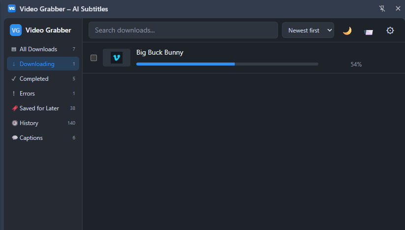 Video Grabber dashboard showing downloading, completed, saved and captions views
